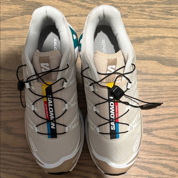 Salomon Shoes - Salomon Beige Trail Sneakers with Black Laces and Teal Accent